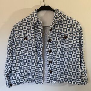 Fun Blue & White Floral Cropped Denim Like Jacket , Size L